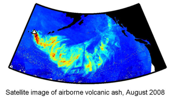 A map of the path of volcanic ash from the August 2008 eruption of the Kasatochi volcano in the Aleutian Islands.